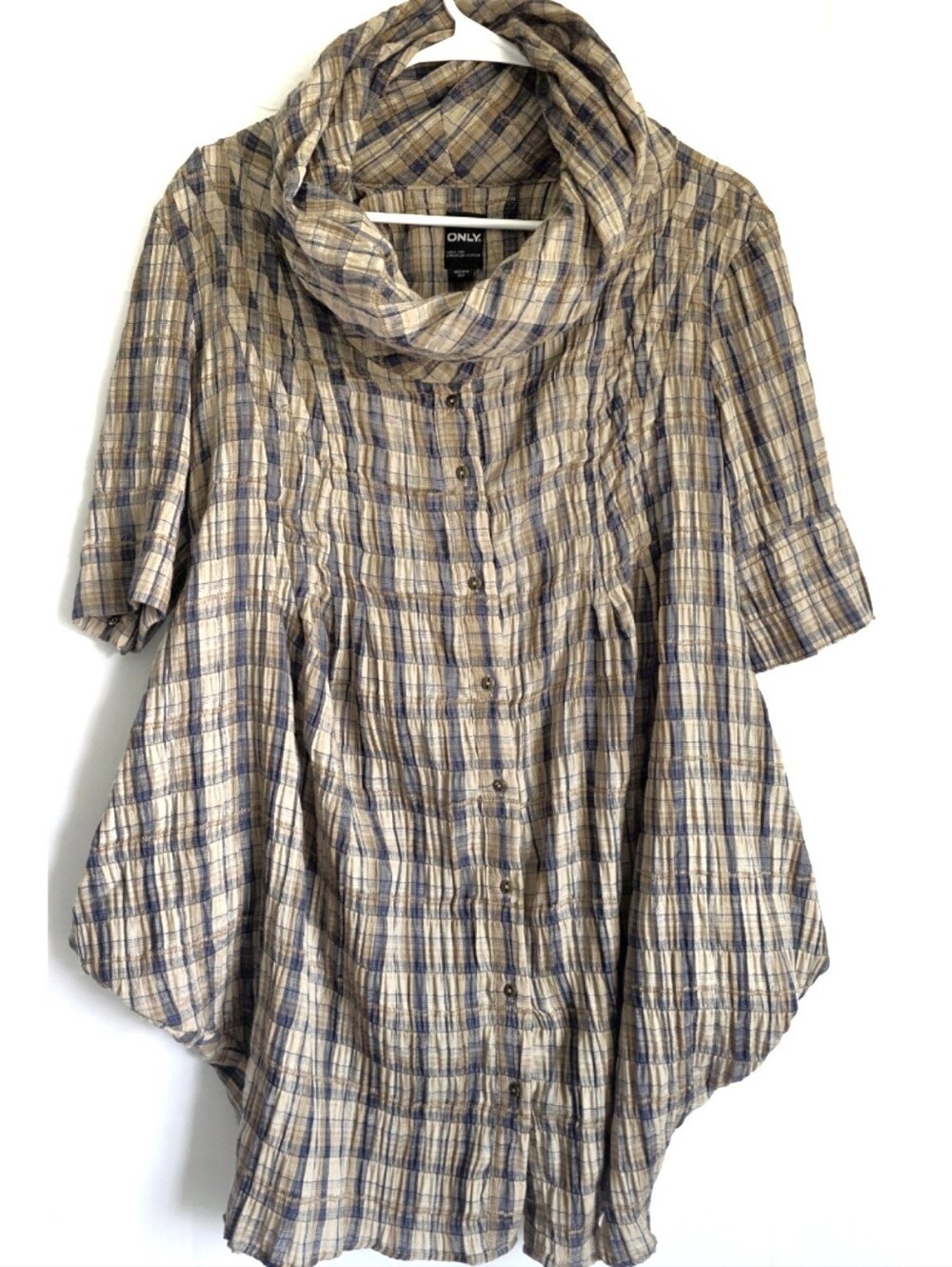 ONLY Lagenlook Cufflink Draping Plaid Cowl Neck Dress S M